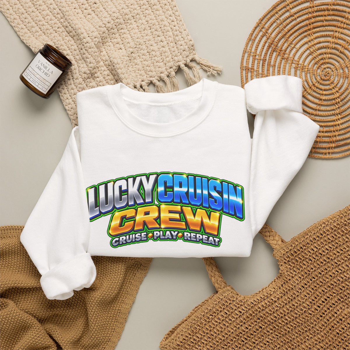 Crewneck Sweatshirt - "Lucky Cruisin' Crew" Graphic (Cruise • Play • Repeat)