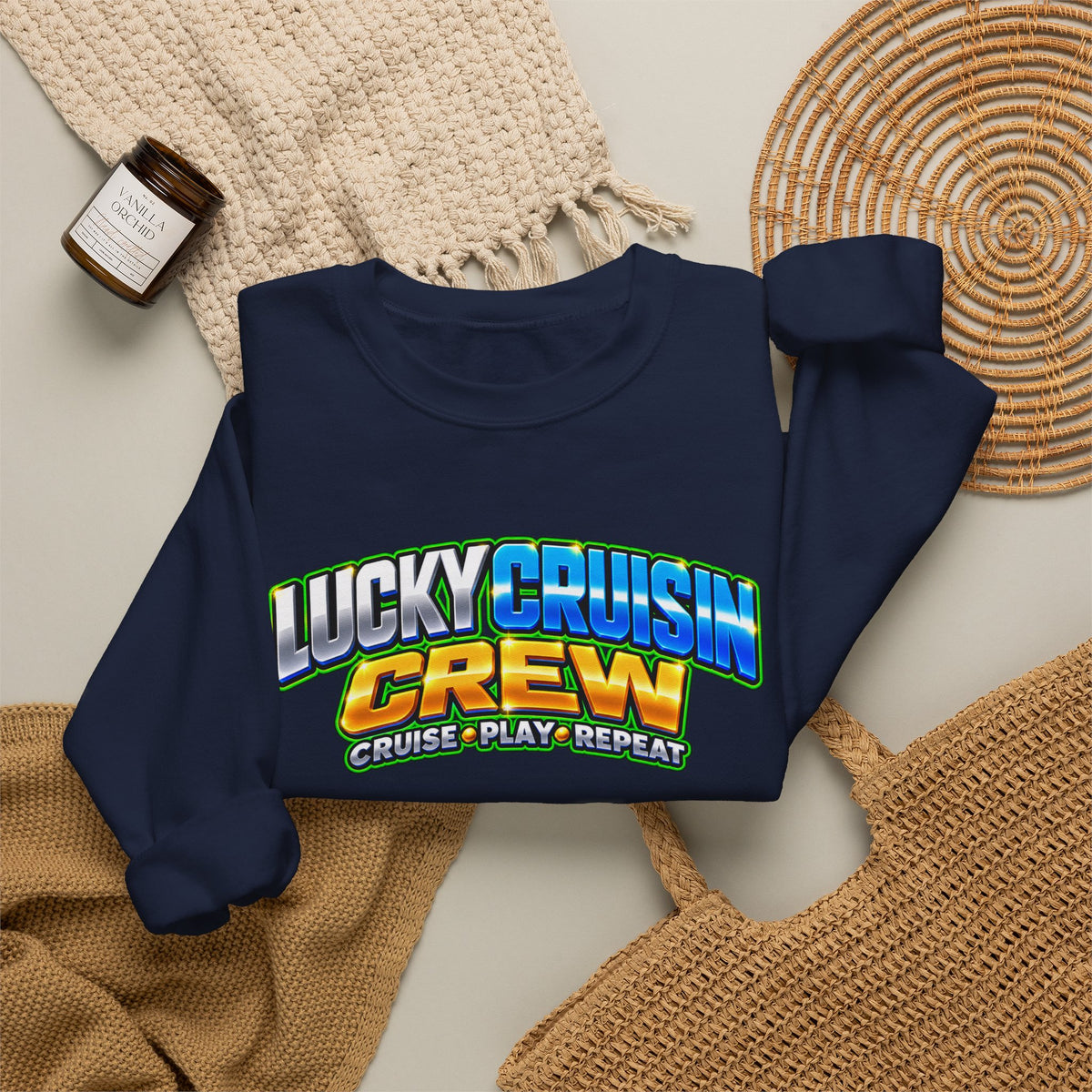 Crewneck Sweatshirt - "Lucky Cruisin' Crew" Graphic (Cruise • Play • Repeat)