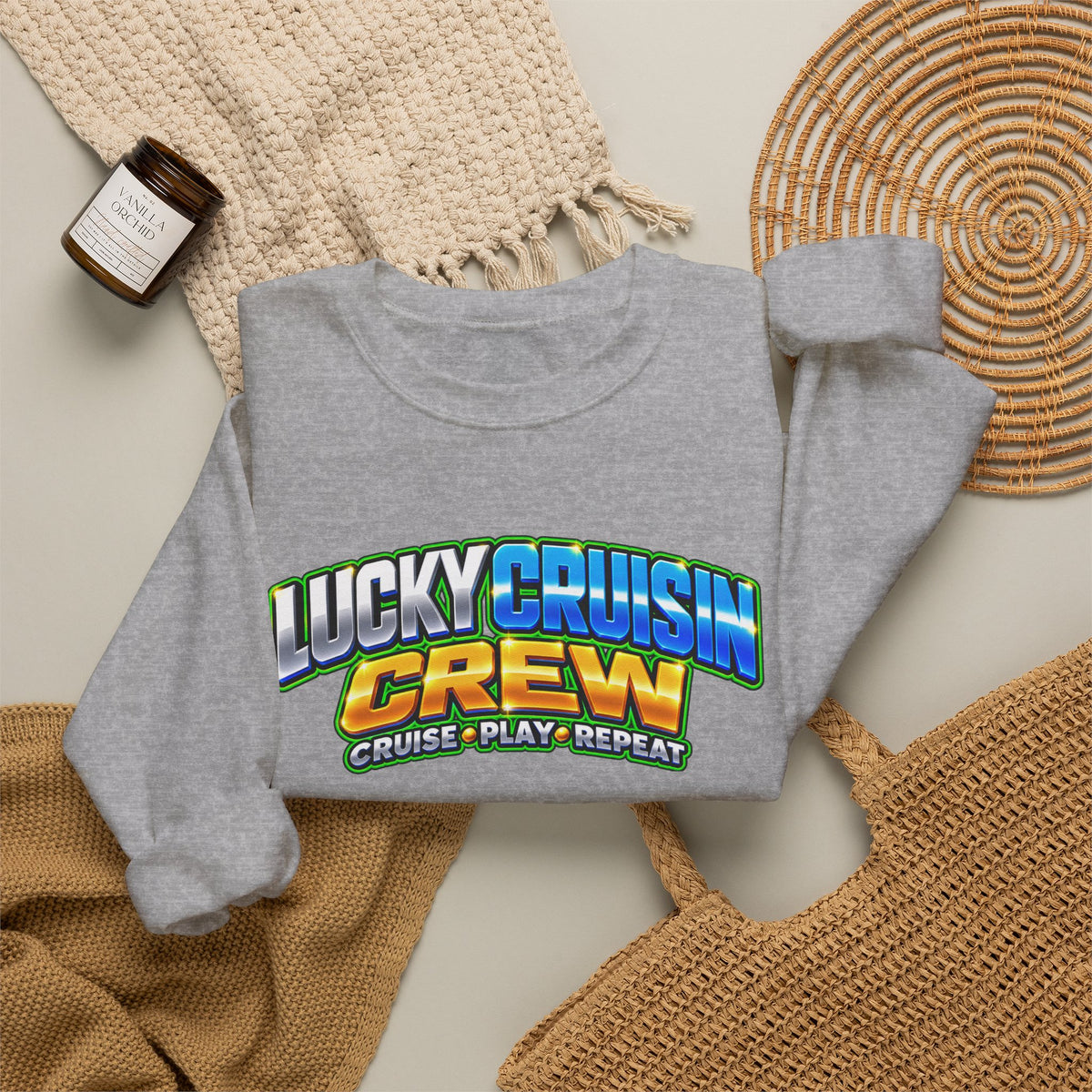 Crewneck Sweatshirt - "Lucky Cruisin' Crew" Graphic (Cruise • Play • Repeat)